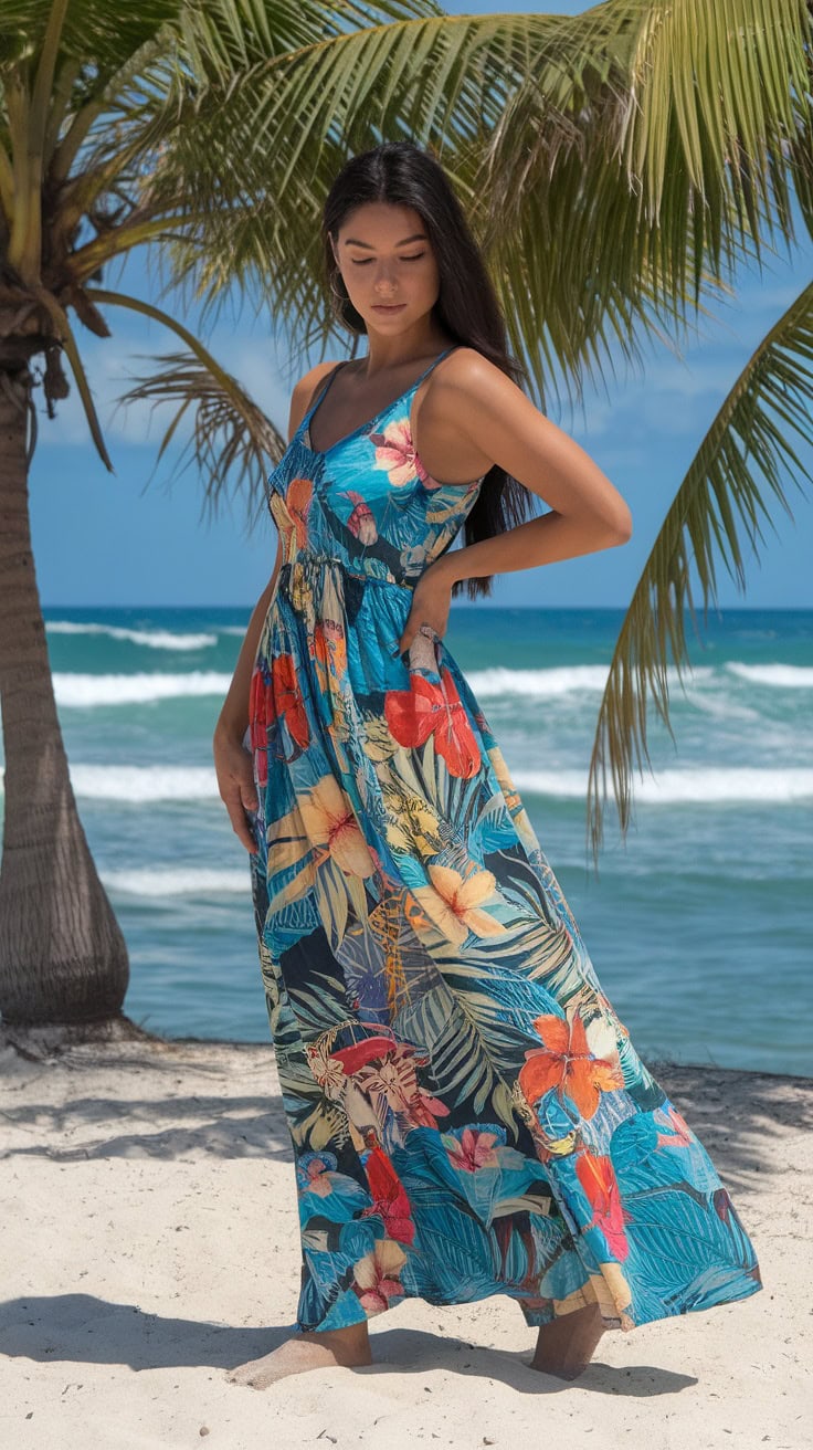 A woman in a colorful tropical maxi dress standing on a beach with palm trees in the background.