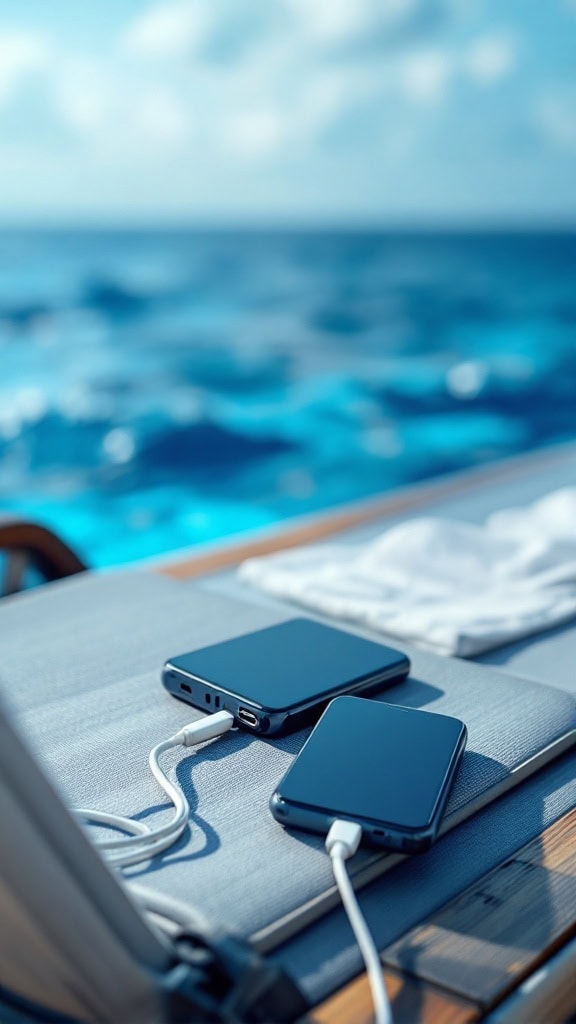 Two smartphones charging on a table by the ocean.