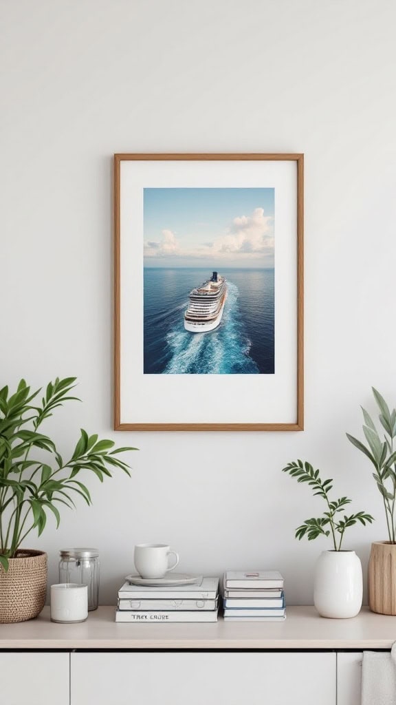 Framed photo of a cruise ship on a wall, with plants and books in the foreground.