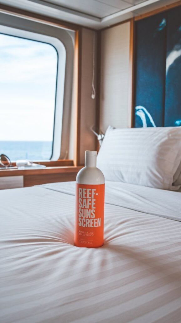 A bottle of reef-safe sunscreen sits on a neatly made bed with white linens, an essential item for any Hawaiian cruise. The room features a large window offering a stunning view of the ocean, perfect for inspiring your packing list.