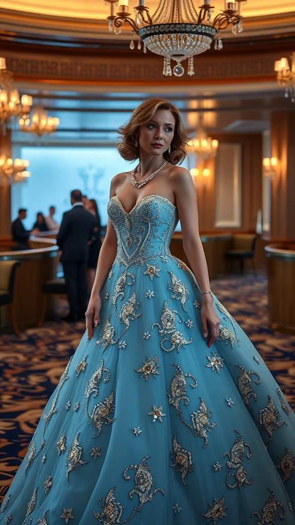 A regal blue ball gown with sparkling details, displayed elegantly in a luxurious setting.
