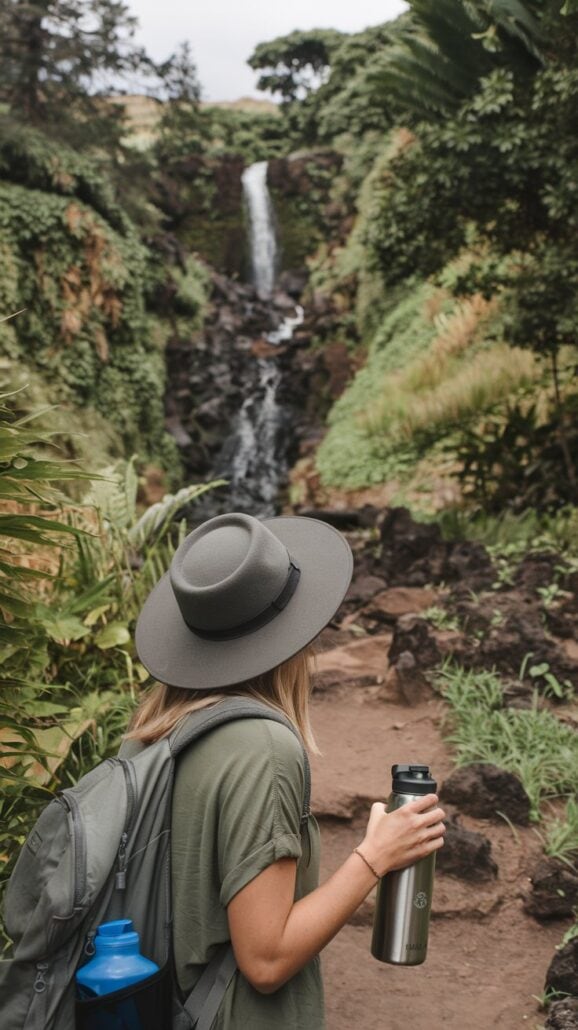 A person wearing a wide-brimmed hat and carrying a metal water bottle stands on a dirt path, gazing at a distant waterfall surrounded by lush greenery. An essential item, a blue towel for their Hawaiian cruise, is visible in the backpack they are wearing.