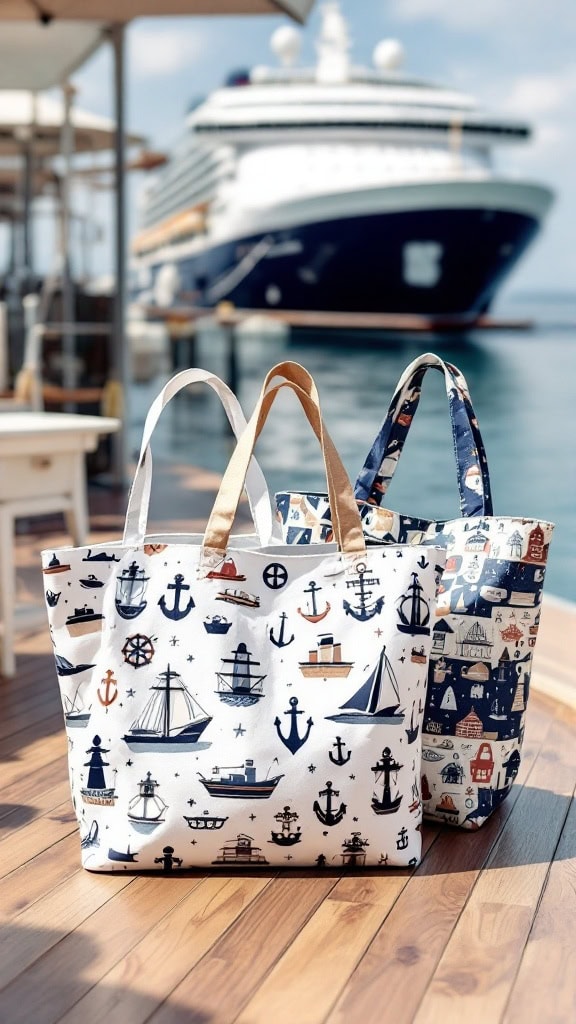 Two reusable tote bags with nautical designs on a wooden dock near a cruise ship.