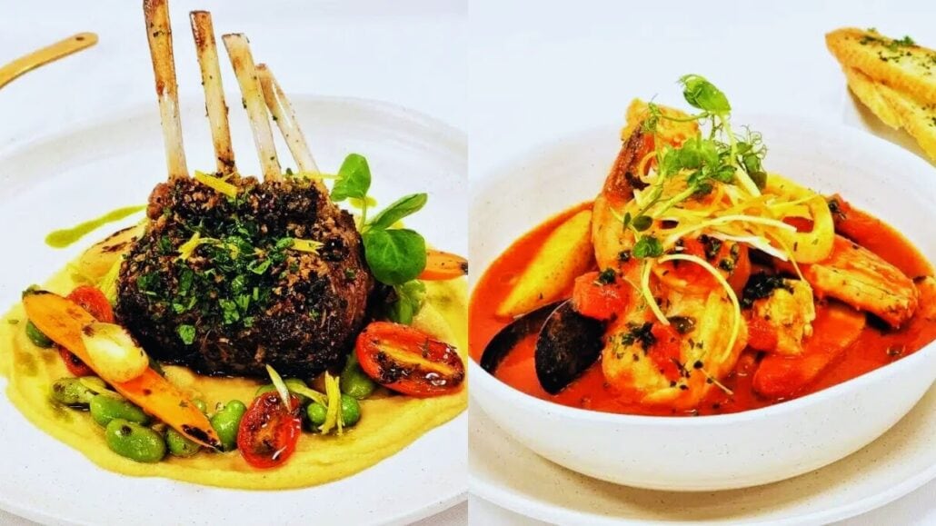 The left image showcases a rack of lamb with herbs, nestled among broad beans, carrots, and cherry tomatoes on a puree bed. On the right, Rudi’s Sel de Mer delights with a seafood stew featuring shrimp, mussels, and clams in a red broth with crusty bread—true Mediterranean Bistro elegance aboard Holland America.