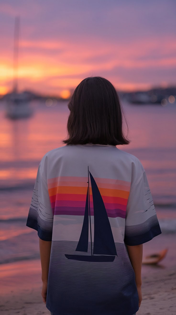 A person with shoulder-length hair stands on a beach during sunset, facing the water. They sport a Creative Cruise Shirt featuring a graphic of a sailboat with a colorful stripe pattern. In the background, a blurred sailboat sails, inviting their imagination to wander across the horizon.