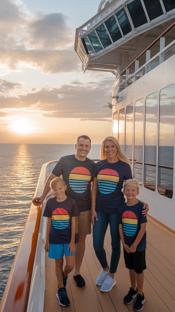 A family wearing matching shirts with sunset designs on a cruise ship.