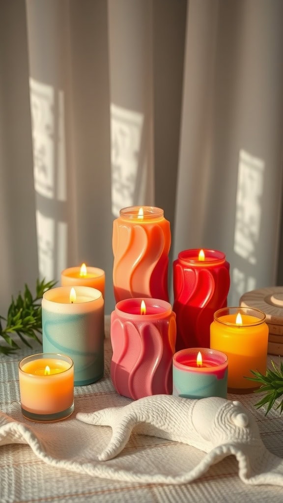 A collection of lit candles in various colors and sizes arranged on a textured surface makes for wonderful gift ideas. The candles have swirling designs, with green leaves scattered nearby. Soft light filters through curtains in the background, creating a serene atmosphere akin to a cozy cruise cabin.