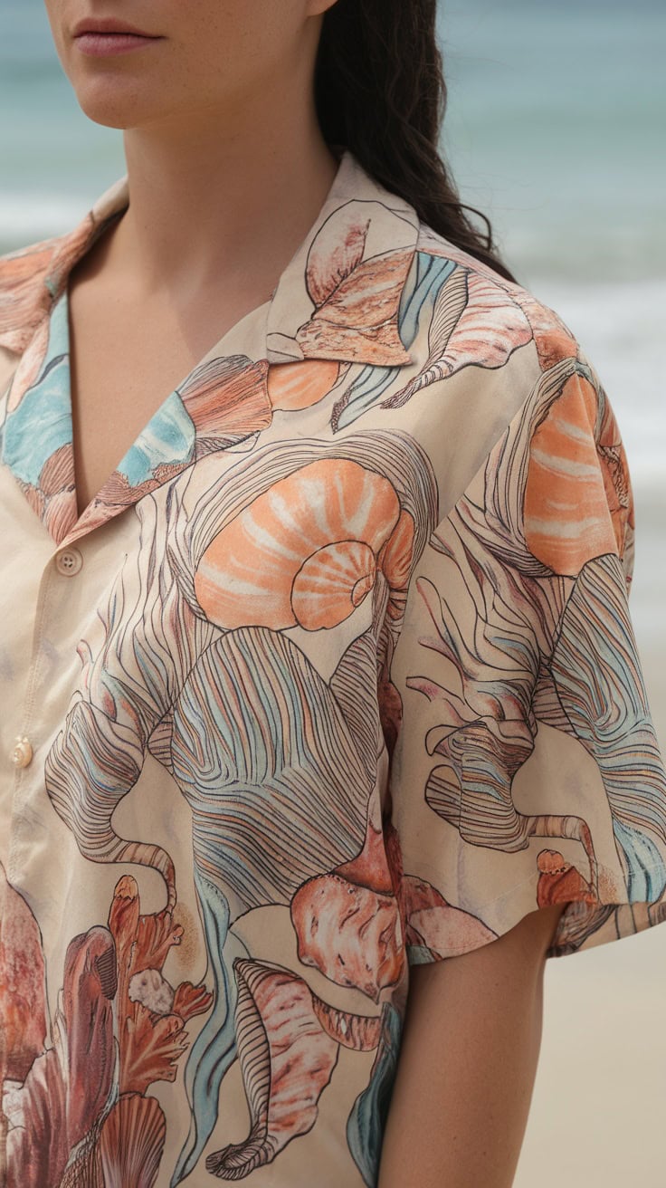 A close-up of a shirt with seashell patterns in warm colors.