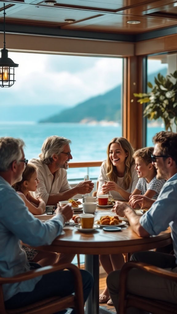 A family gathered around a table sharing stories over breakfast on a cruise.