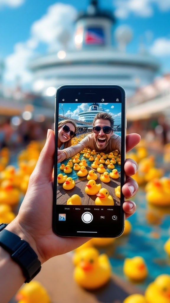 A hand holding a smartphone captures a photo of a smiling man and woman surrounded by yellow rubber ducks. In the blurred background, a cruise ship sails under the blue sky. Join The Fun as you discover Ducks On Cruise Ships, creating unforgettable memories with just easy steps!.