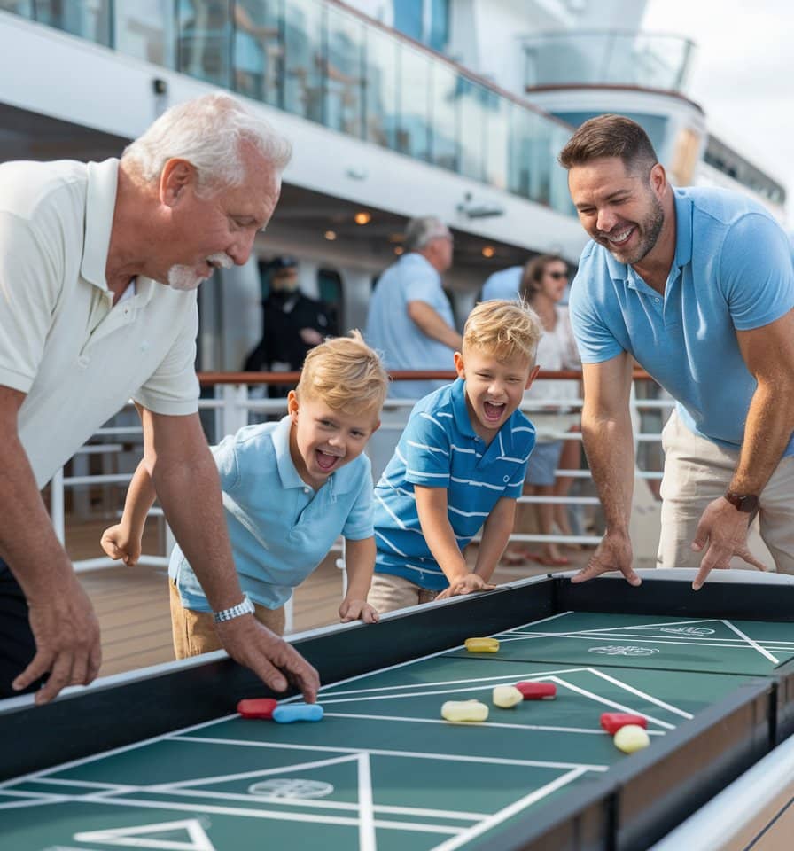 Two adults and two children are joyfully engaged in a game on a shuffleboard table on the ship's deck during their fun family cruise. Leaning forward with anticipation, they provide picture-perfect photo ideas as they focus intently on the discs sliding across the board.