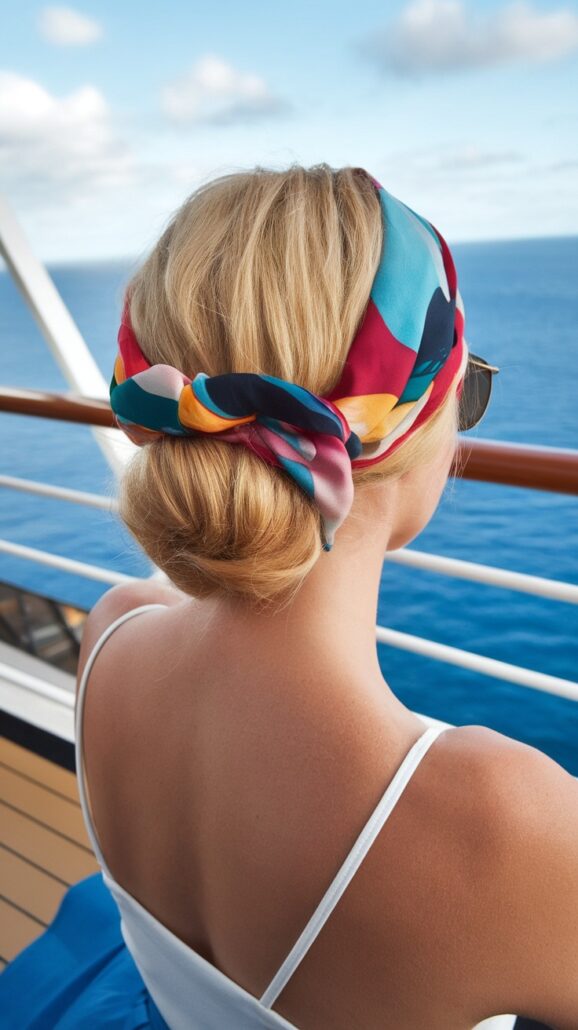 A person with short blonde hair sits on a deck overlooking the ocean. They are wearing a colorful scarf tied around their head, perfect for cruise hairstyles, and sunglasses. The sky is partly cloudy, and the railing of the deck is visible in the foreground.