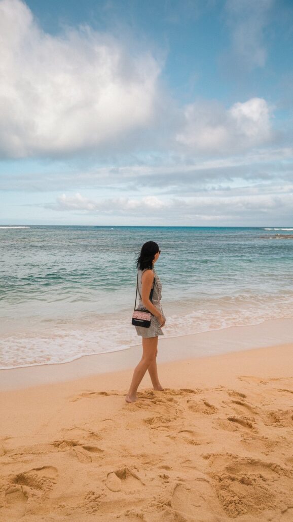 A person with long hair walks along a sandy beach near the ocean, reminiscent of a dream Hawaiian cruise. They are wearing a dress and carrying essential items in their bag. The sky is partly cloudy, and gentle waves roll in the background.
