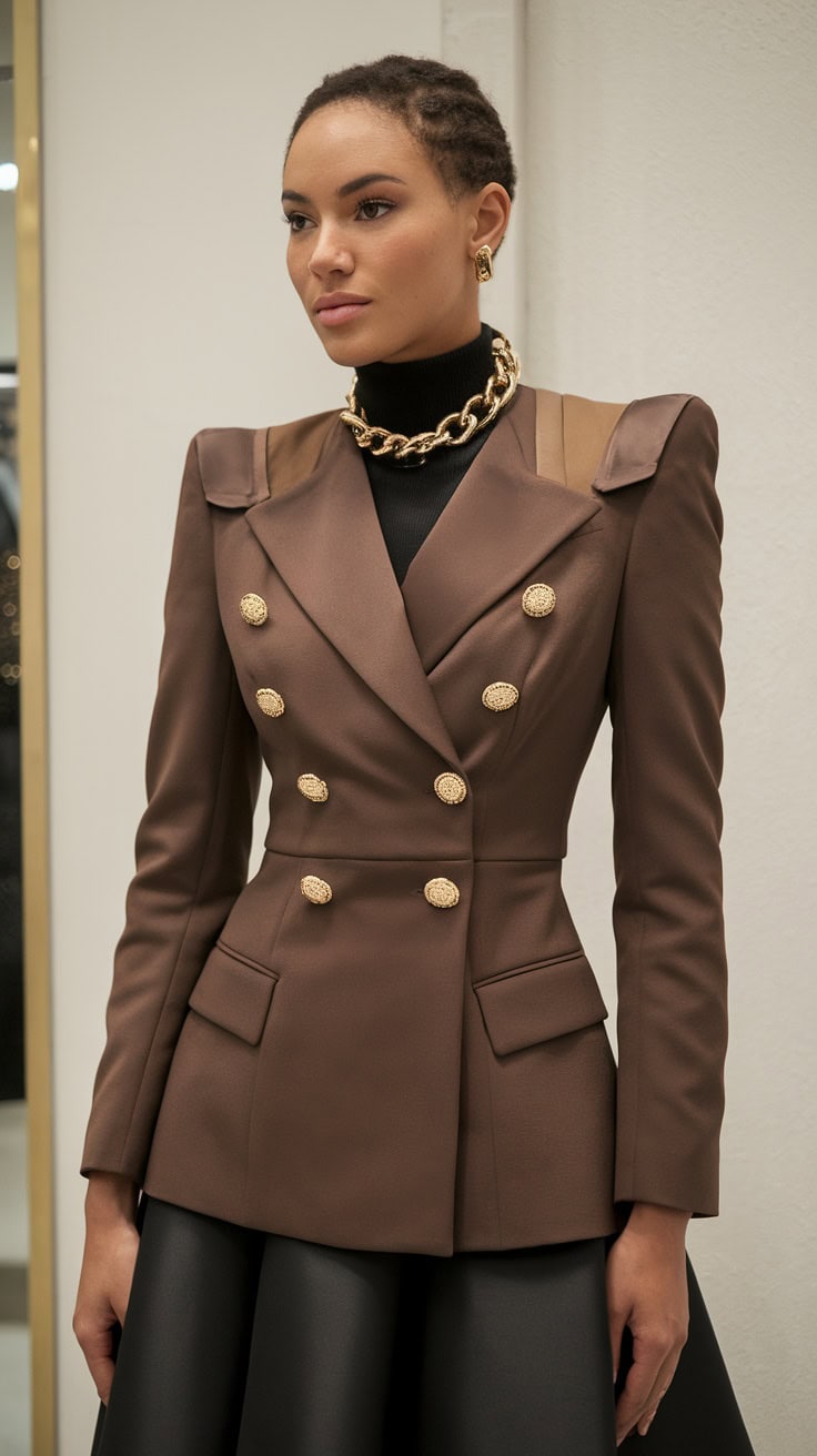 A model wearing a sophisticated brown blazer dress with gold buttons and a black skirt.