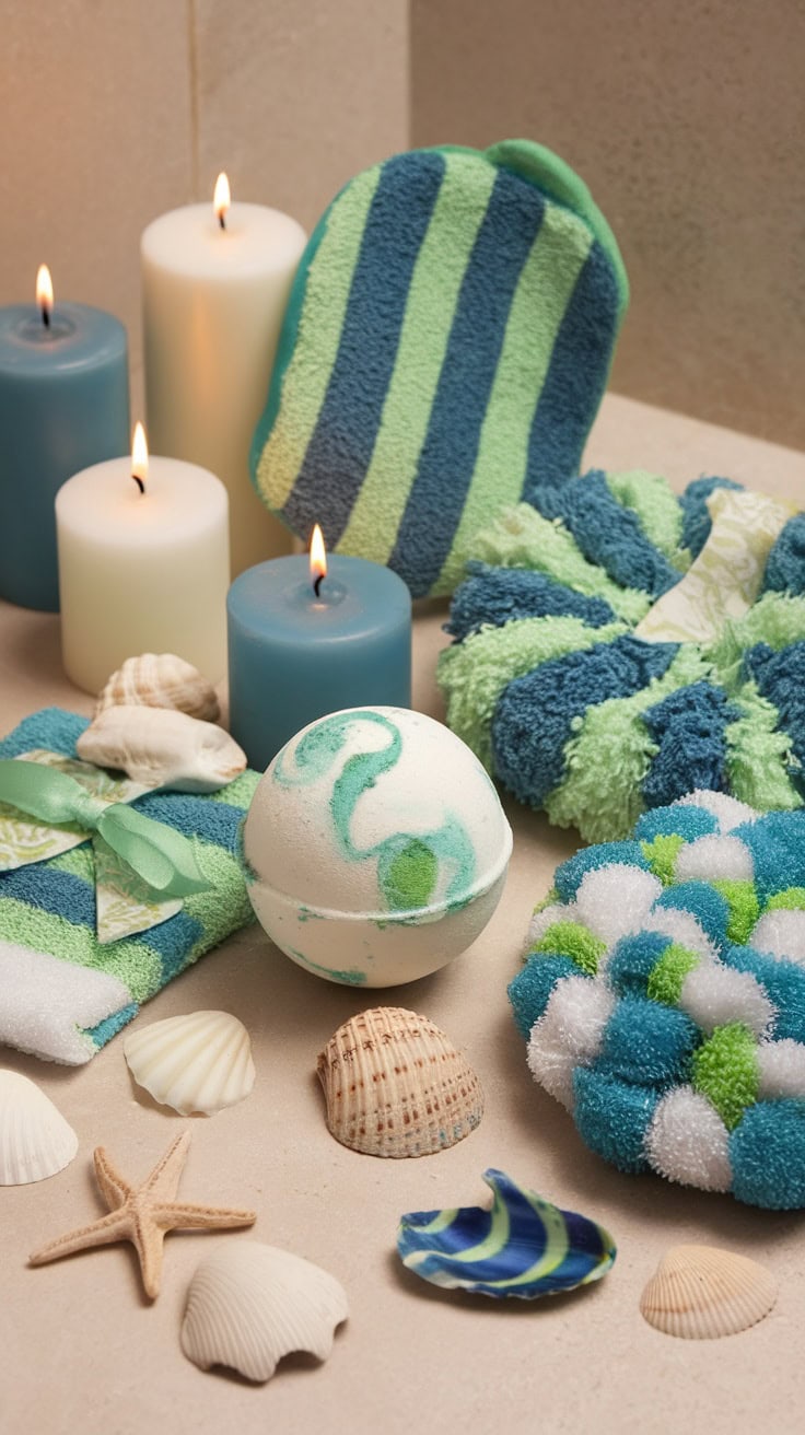 A collection of spa gift items including bath bombs, soft washcloths, and candles.