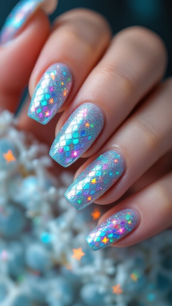 Nail art featuring mermaid scales and sparkling accents
