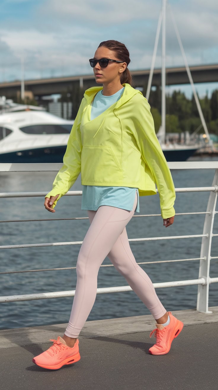 A woman wearing a bright yellow hoodie, blue top, and light pink leggings with pink sneakers, walking by a marina.