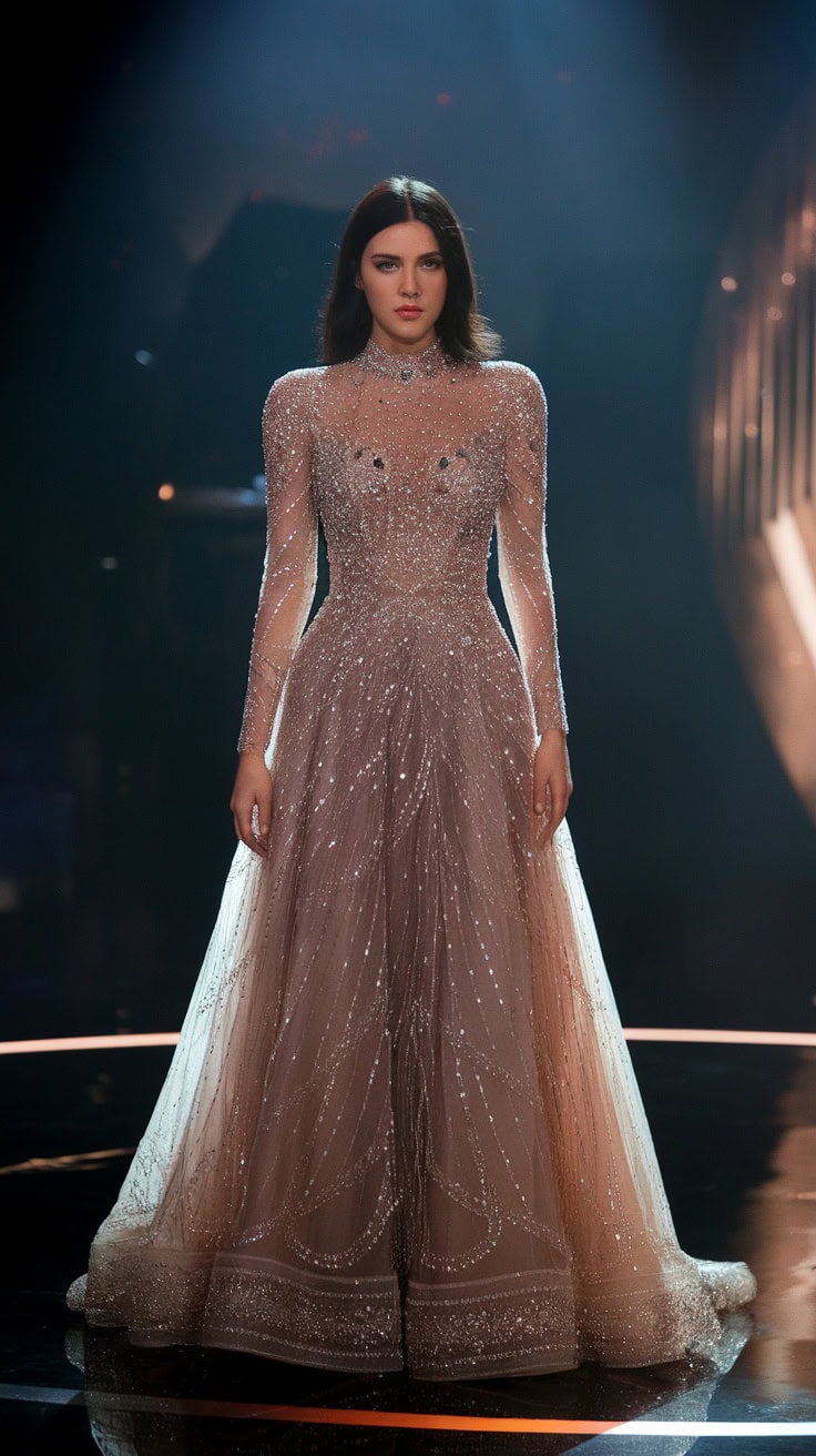 A stunning beaded gown with intricate details, featuring a fitted bodice and flowing skirt, sparkling under stage lights.