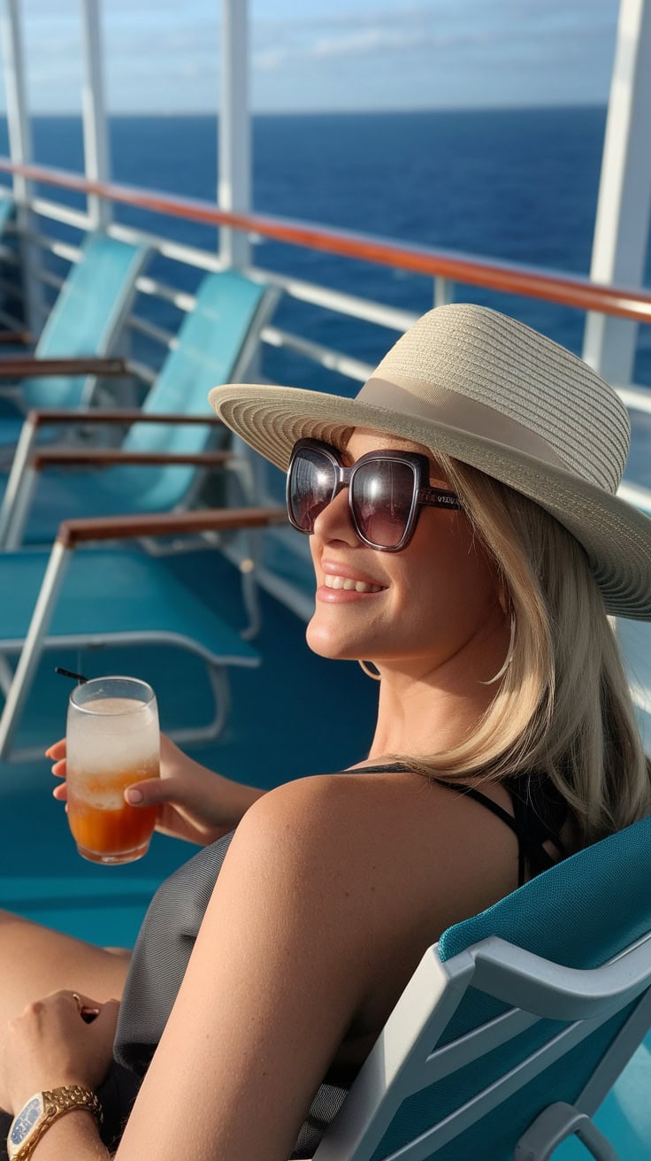Woman wearing a wide-brimmed hat and oversized sunglasses, enjoying a drink on a cruise deck.