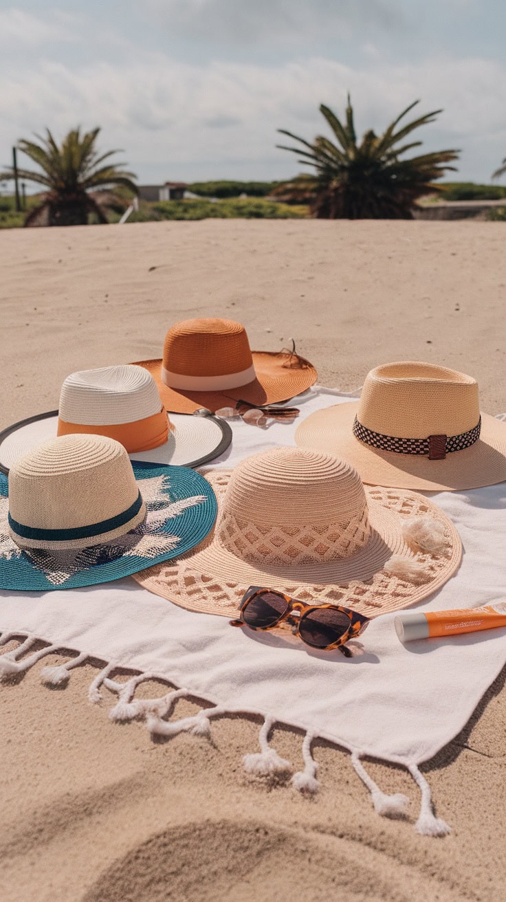 A variety of stylish sun hats and sunglasses laid out on a beach towel on the sand.