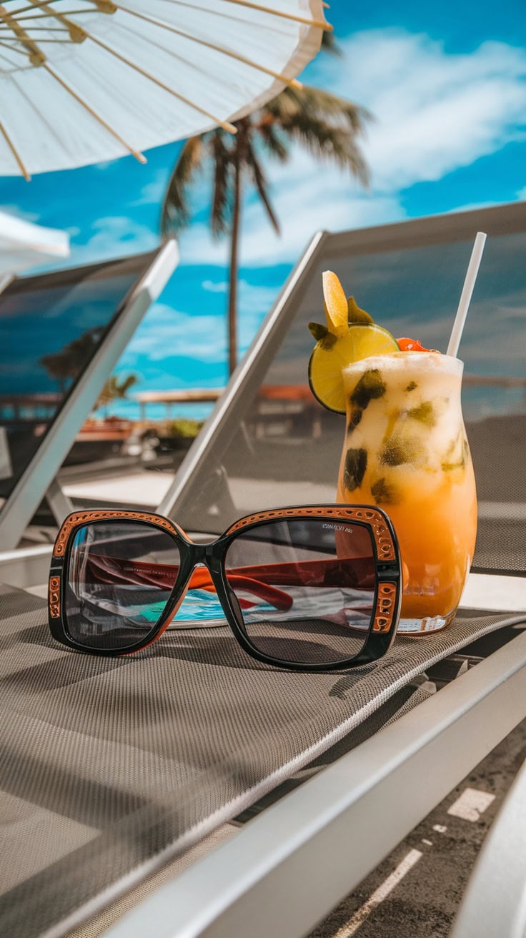 A pair of stylish sunglasses resting on a lounge chair next to a tropical drink.