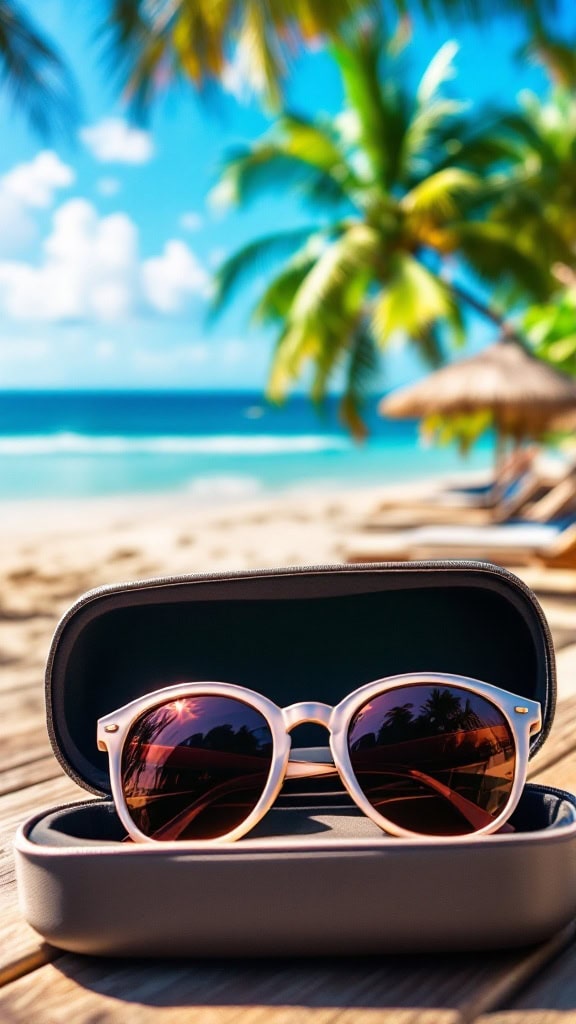 Stylish sunglasses inside a protective case on a sunny beach