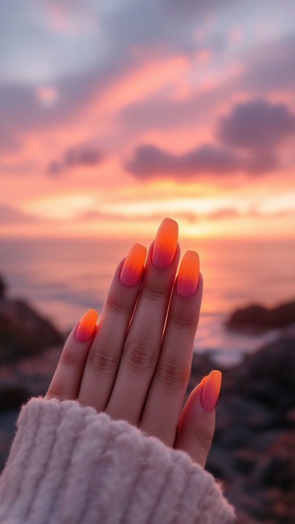 A hand with sunset ombre nails against a beautiful beach sunset backdrop