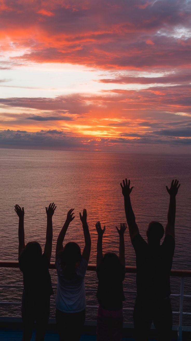 Family silhouette with raised hands against a colorful sunset at sea