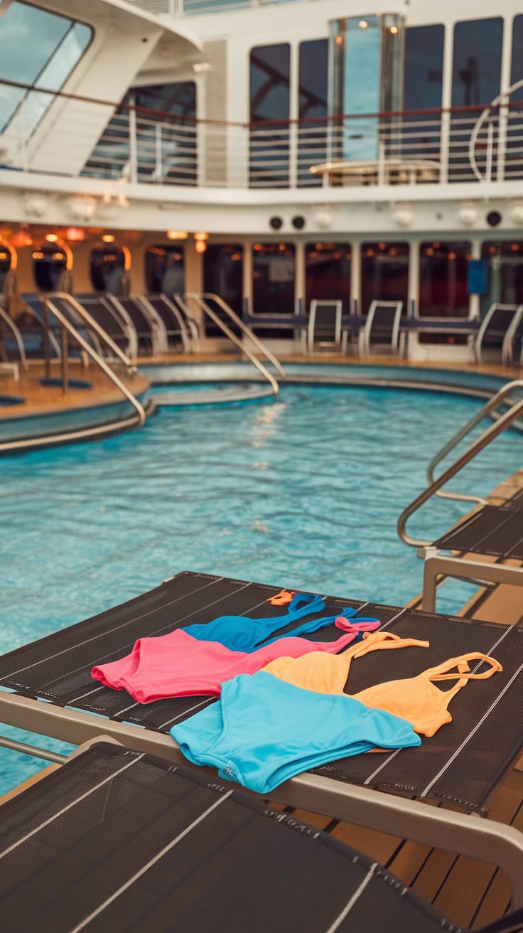 Colorful swimsuits laid out by a pool on a Disney cruise.