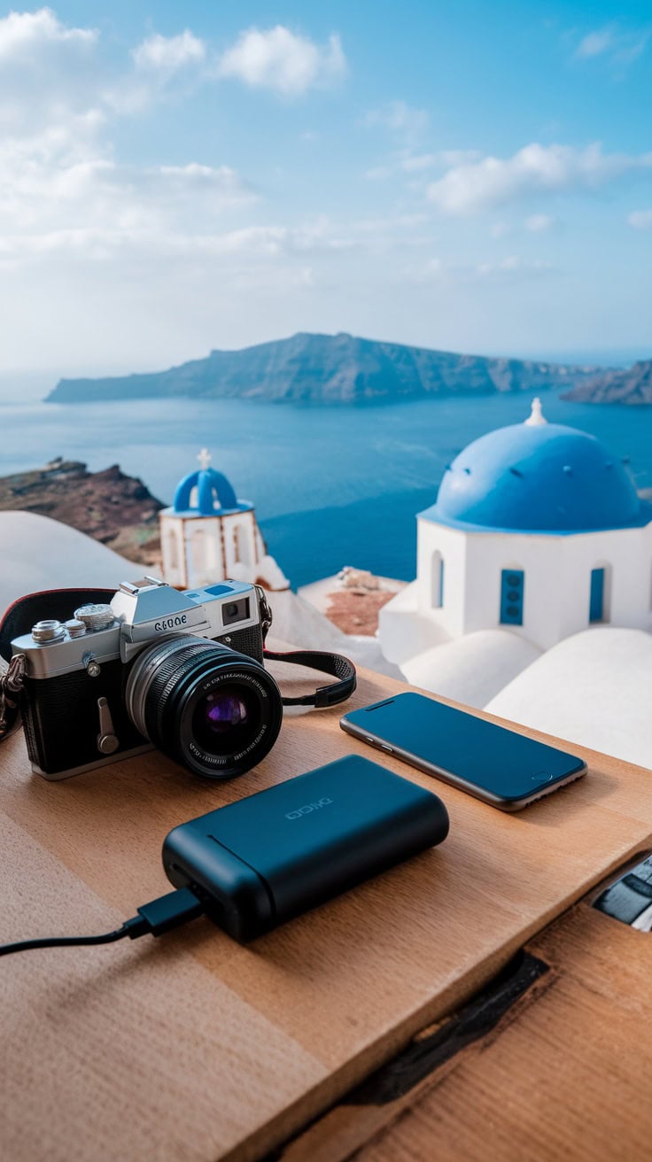 Camera, smartphone, and portable charger on a table with a scenic background of Santorini.