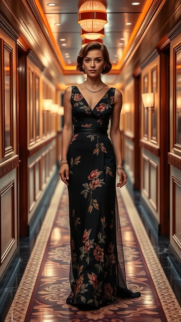 Vintage evening dress in burgundy next to a classic car