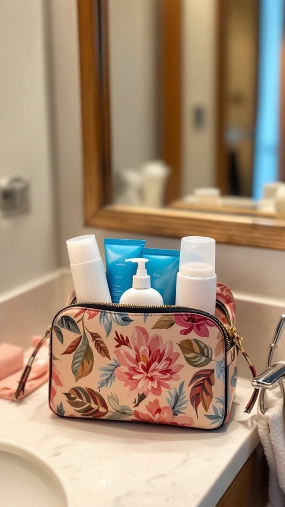 A floral travel toiletry bag containing various travel-sized toiletries on a bathroom counter.