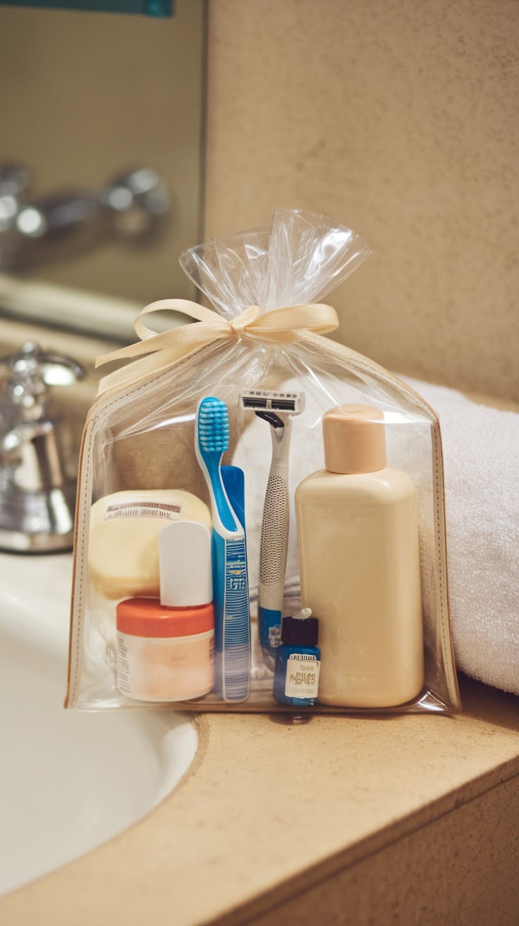 A neatly packaged set of travel-sized toiletries including shampoo, conditioner, a toothbrush, and a razor.