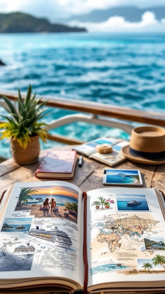 An open travel journal with photos and notes, overlooking a beautiful ocean view