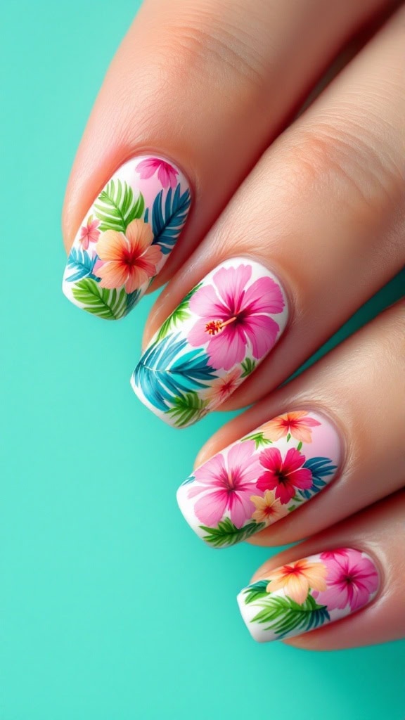 Close-up of a hand with nails painted in a tropical floral design, perfect for cruise nails. Each nail showcases colorful hibiscus flowers and green leaves on a white background. The turquoise backdrop evokes the vibrant energy of the Bahamas, making this one of the best designs for any getaway.