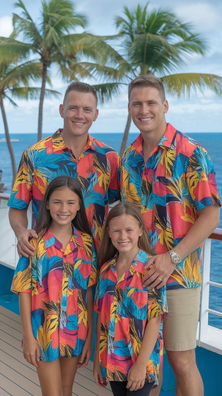 A family wearing matching tropical shirts on a cruise.