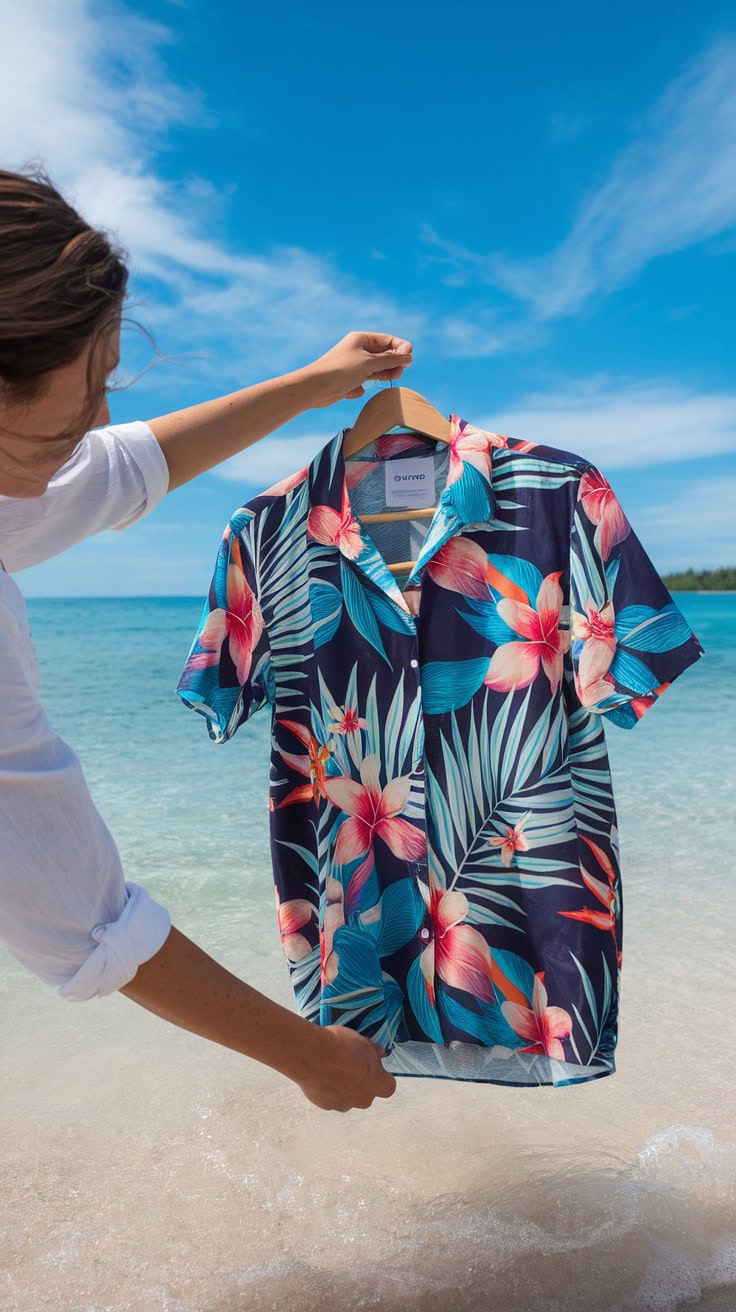 A colorful tropical shirt with floral patterns held by a person near the ocean.