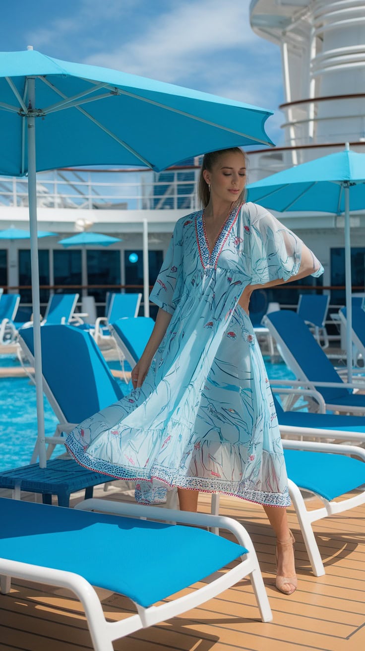 A person stands on a pool deck wearing a flowing light blue dress with floral patterns, embodying perfect cruise wear. They are positioned between two blue lounge chairs under an umbrella. A pool and parts of a cruise ship create the ideal backdrop for chill cruise outfits in women's fashion.