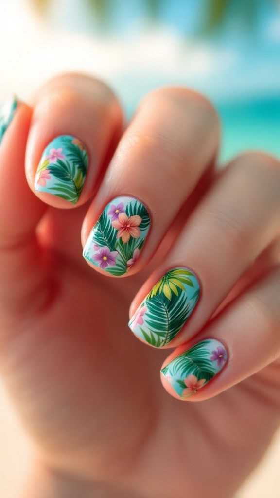 A close-up of a hand flaunting cruise nails, painted with a tropical theme. The stylish nails feature designs of green leaves and vibrant flowers, including pink, orange, and yellow blooms. The background evokes a beach setting with blurred sand and water.