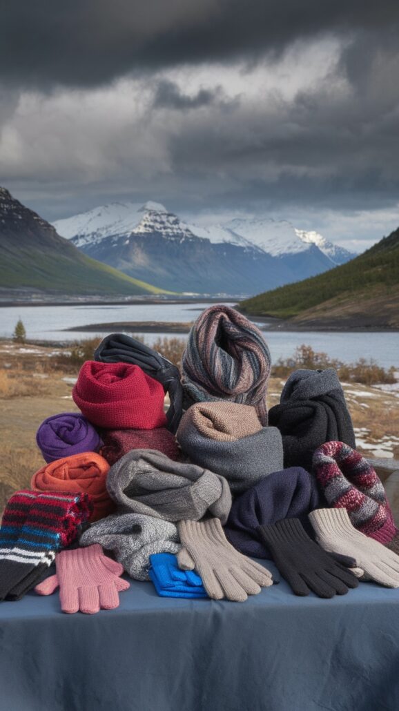 A collection of various colored hats, scarves, and gloves, perfect as must-have pieces for an Alaska cruise, are displayed on a table against the backdrop of a mountainous landscape with cloudy skies. A snow-capped mountain and a lake are visible in the background.