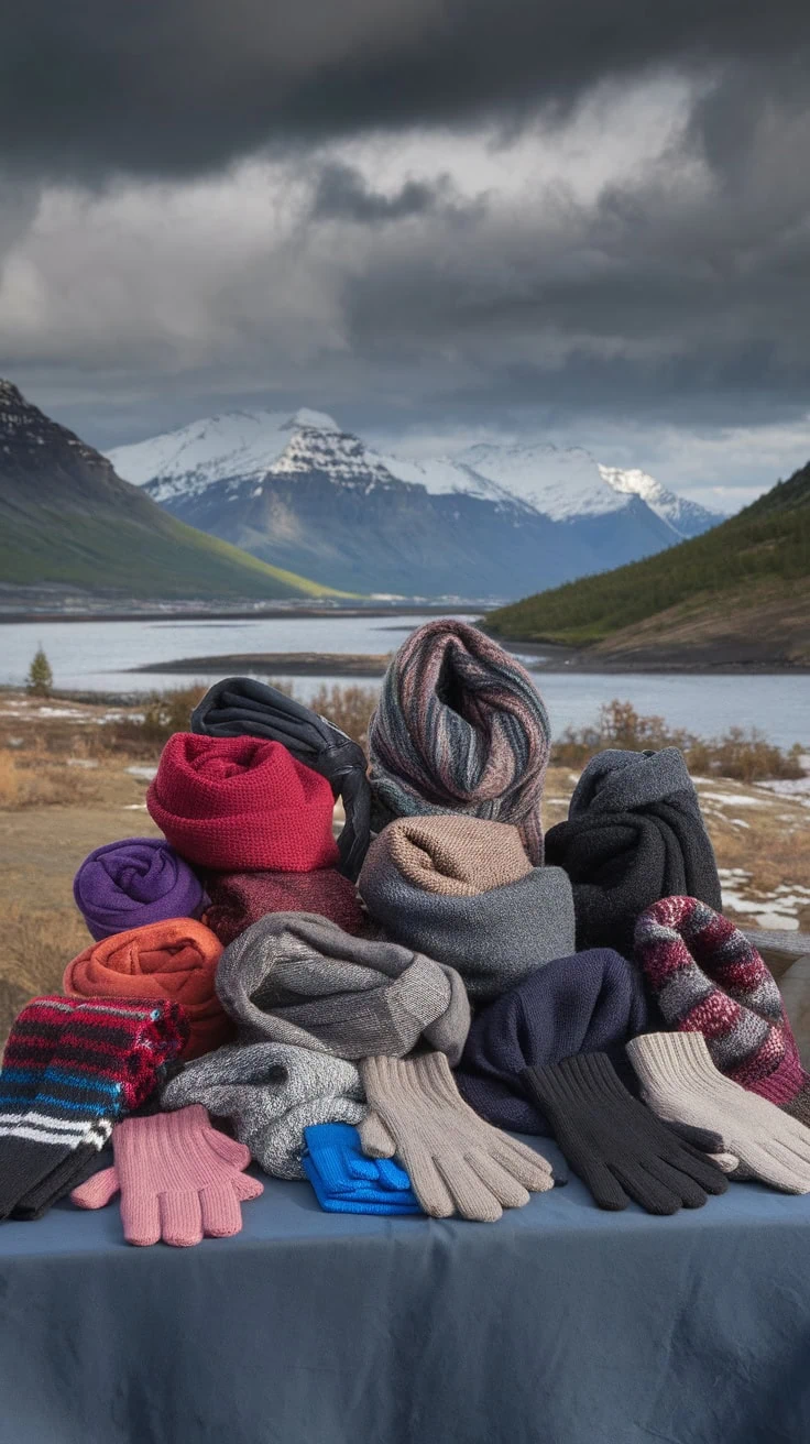A collection of various colored hats, scarves, and gloves, perfect as must-have pieces for an Alaska cruise, are displayed on a table against the backdrop of a mountainous landscape with cloudy skies. A snow-capped mountain and a lake are visible in the background.