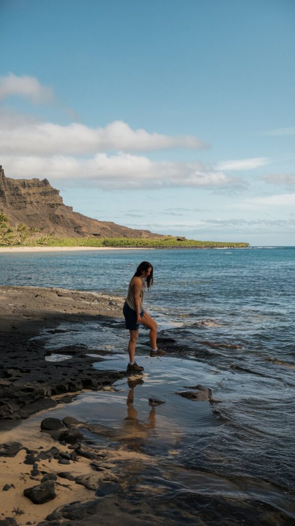A person stands on a rocky beach, stepping into shallow water during their Hawaiian cruise. The landscape features a clear blue sky, distant mountains, and a stretch of green vegetation along the coastline. Don't forget your essential items to fully enjoy this breathtaking experience.