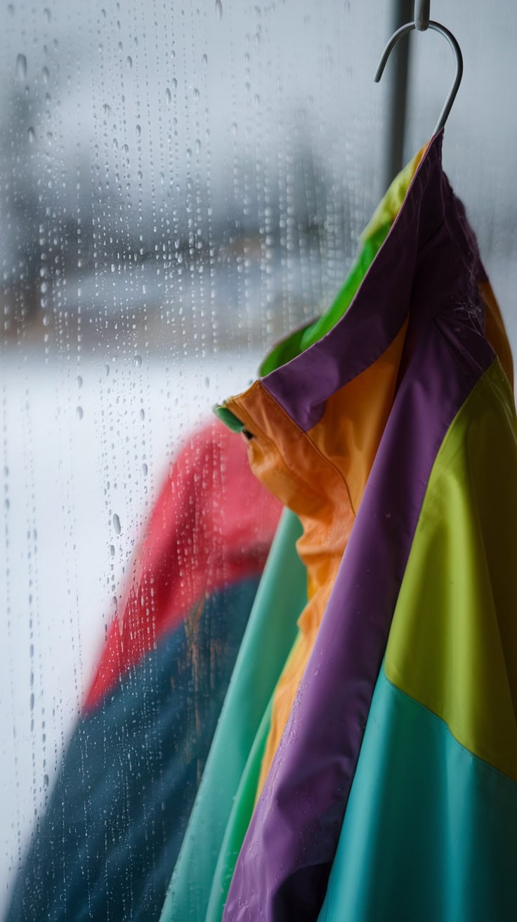 Colorful waterproof jacket hanging with raindrops on a window