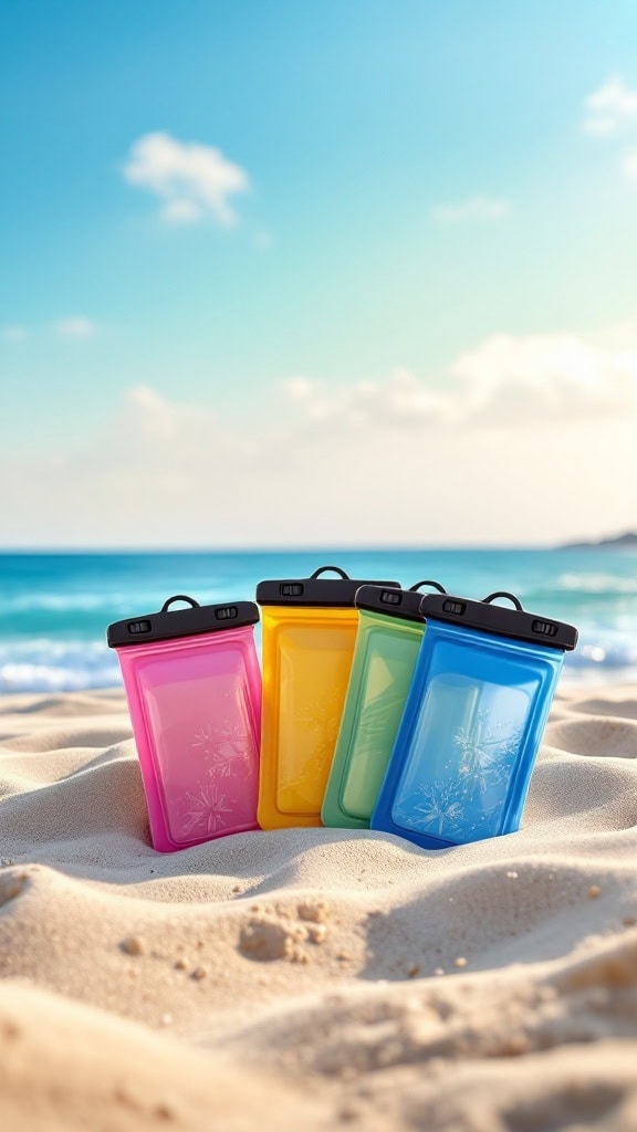 Four colorful, reusable silicone bags, in pink, yellow, green, and blue, stand upright in the sand on a beach. Perfect as a welcome bag on a cruise, they're set against the ocean background under a clear blue sky with a few clouds.