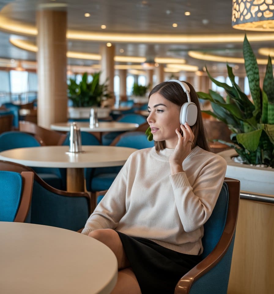 A woman wearing headphones sits at a round table in a spacious lounge area. She is wearing a white sweater and black skirt, gazing to the side, perhaps lost in cruise memory ideas. The room is decorated with plants and has round lights hanging from the ceiling.