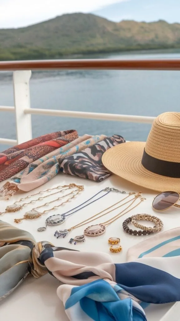 A variety of necklaces, bracelets, and rings are displayed on a table alongside patterned scarves and a straw hat with a black band, perfect for your 5-day cruise. Sunglasses complete the ensemble. A body of water and distant hills create the idyllic backdrop for this woman's guide to vacation style.