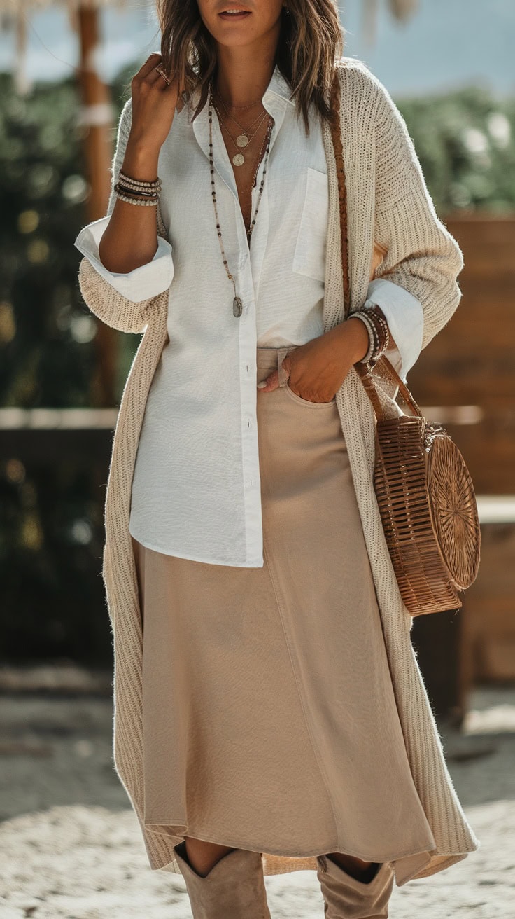 A fabulous woman in a white button-up shirt, beige skirt, and long beige cardigan stands outdoors. Her round wicker bag complements the chic ensemble, accessorized with necklaces and bracelets—perfect Mexico cruise outfit. The backdrop features lush greenery and blurred structures.