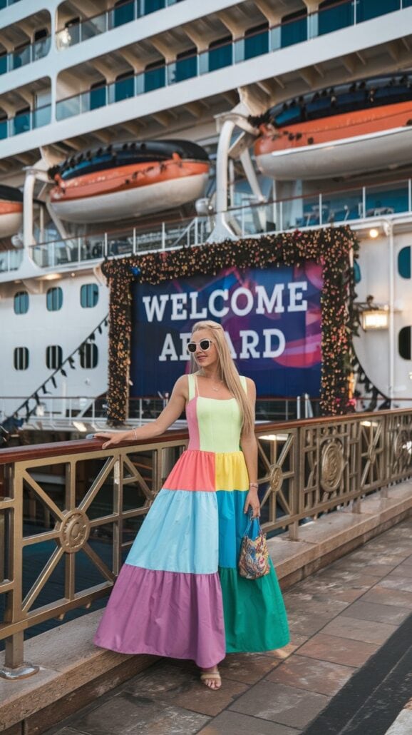 A woman in a colorful, patchwork sundress and sunglasses stands stylishly on a dock before a cruise ship. The vessel twinkles with lights, and a sign proclaims "Welcome Aboard." She confidently holds a handbag while resting one hand on the railing.