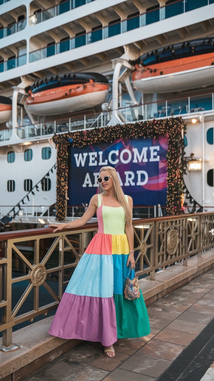 A woman in a colorful, patchwork sundress and sunglasses stands stylishly on a dock before a cruise ship. The vessel twinkles with lights, and a sign proclaims "Welcome Aboard." She confidently holds a handbag while resting one hand on the railing.
