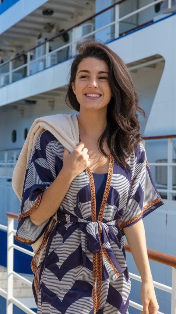 A woman with long dark hair stands on a cruise ship deck, smiling and holding a towel over her shoulder. She wears a patterned robe over her swimsuit, showcasing her stylish outfit. The ship's railing and exterior form the backdrop to this elegant scene.